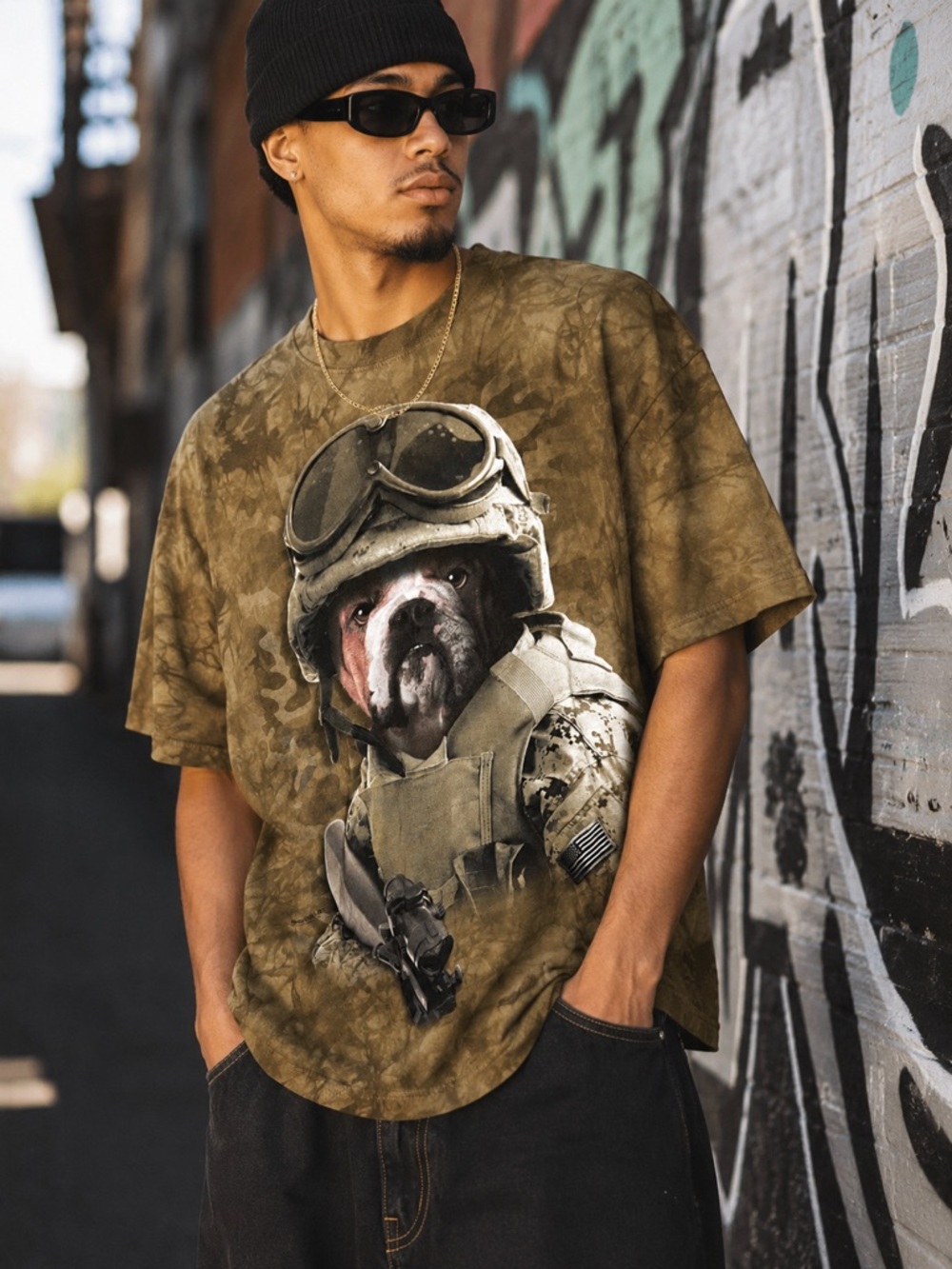 The Mountain "Combat Sam" Bulldog soldier Choco Brown tie-dye Manimals t-shirt